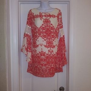 Aggie Floral Bell Sleeve Red And Ivory Dress